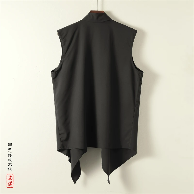 2024 Men Black Tshirts Summer Loose Irregular Hem Sleeveless T-Shirt Male Chinse Style Tops Hip-Hop Personality T-Shirt Vest