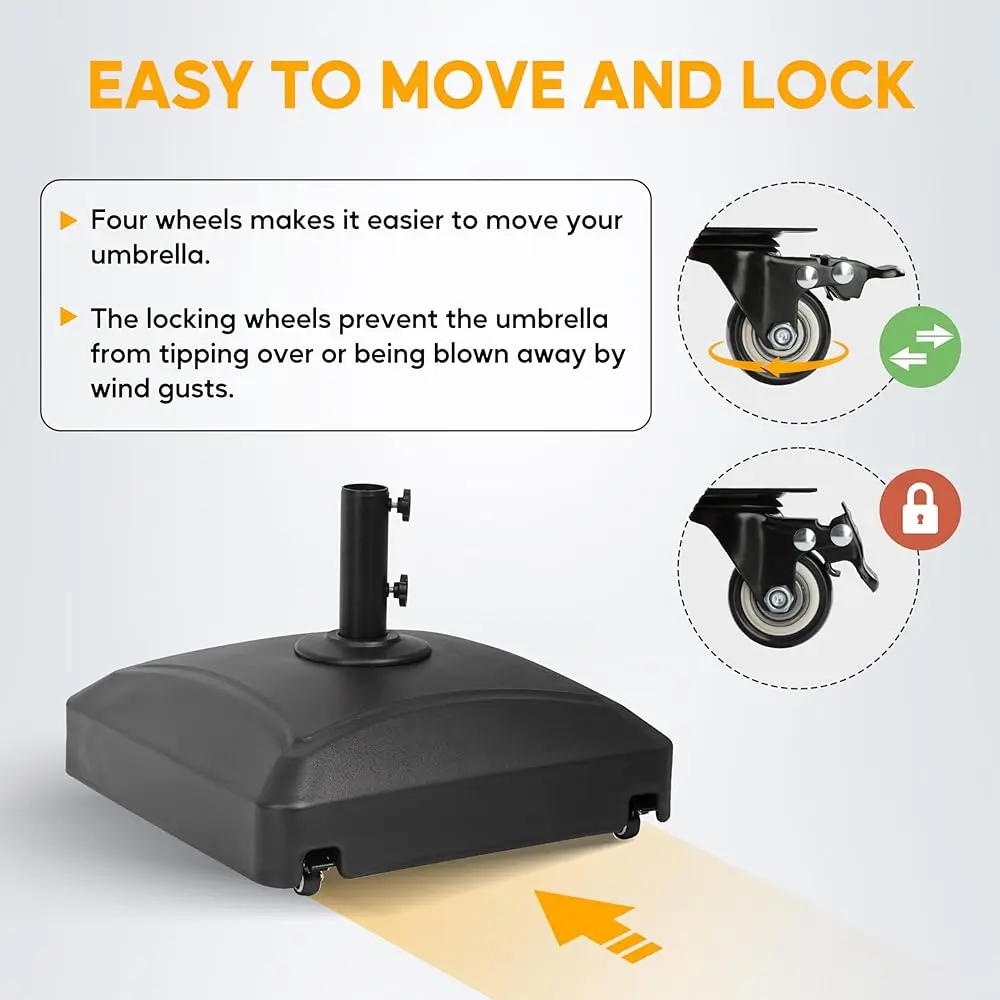 Base de sombrilla móvil rellenable de acidad de 125 libras, soporte de mercado cuadrado resistente para exteriores con 4 ruedas para Patio, terraza, junto a la piscina,