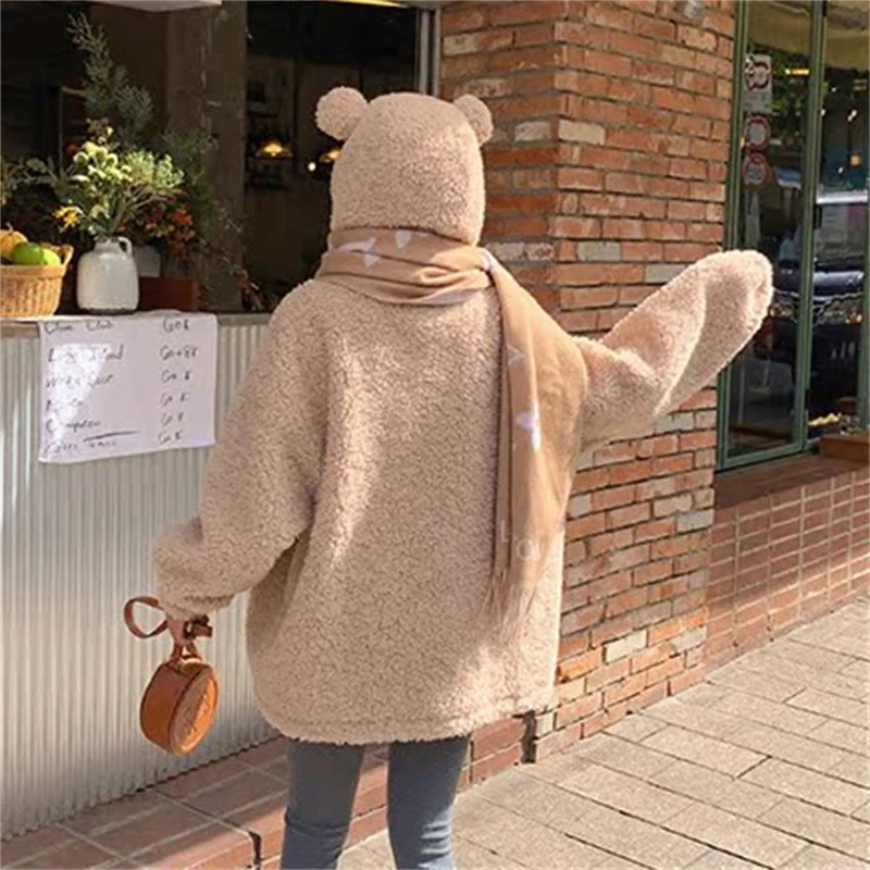 Korean Version Autumn Winter New Bear Ear Hoodie Imitation Lamb Wool Hoodie Women\'s Loose And Slim Cute Plush Coat Jacket