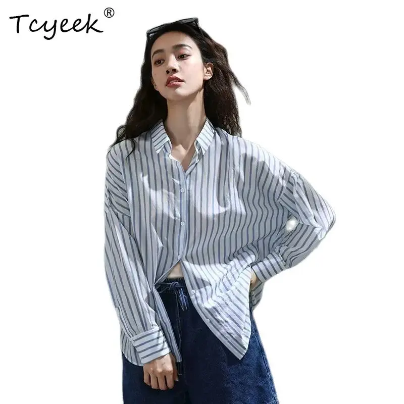 

Tcyeek, 30%Natural Silk Elegant Shirt, Women Long Sleeve Striped, French Vintage Commute Blouse, 2024 Summer Fall T47713QC
