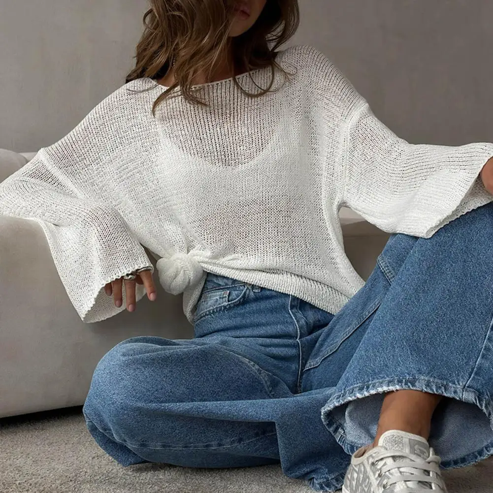 Вязаный пуловер с круглым вырезом, женский летний повседневный однотонный топ с длинными рукавами, топ 2025 г., свободный уличный офисный женский свитер, топ