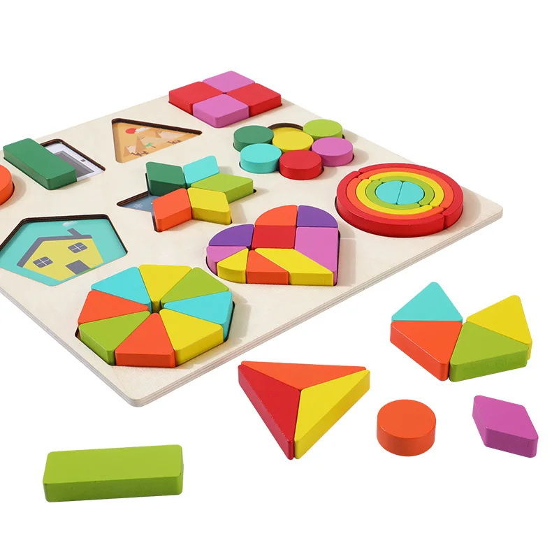 Children\'s Montessori Geometric Shape Wooden Puzzle Board Kindergarten Baby Early Education Cognitive Matching Toys