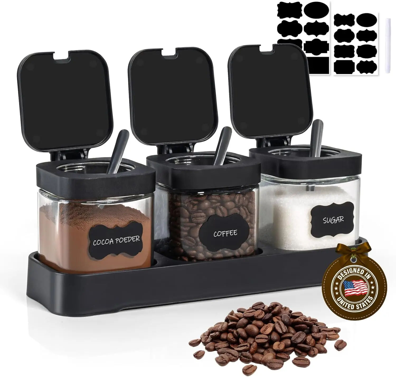 

3 Pcs Glass Coffee Containers Set - Coffee Station Storage with Lids, Spoons, Base, Labels & Pen - Glass Jars for Coffee, Sug