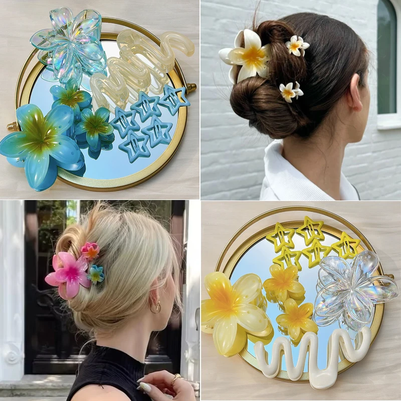 

6/10PCS Hawaiian Gradient Flower Hair Claw Clip For Women Girl Fashion Plastic Non Slip Hold Hairpin Barrette Hair Accessories