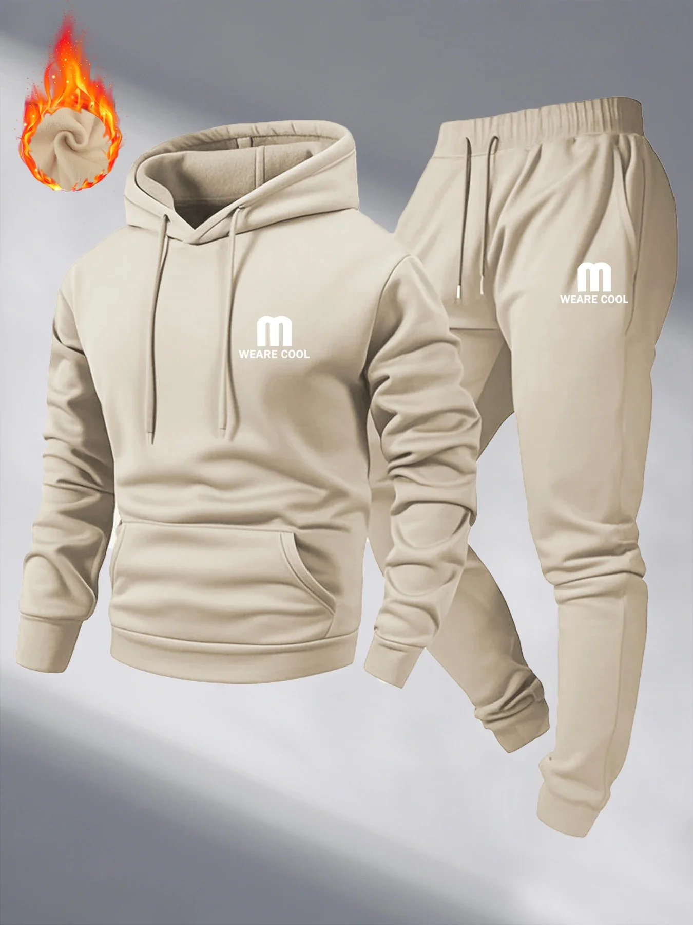 

Winter and autumn fleece thickened hooded pullover sweater jacket for men, casual sports outfit, two-piece set for men
