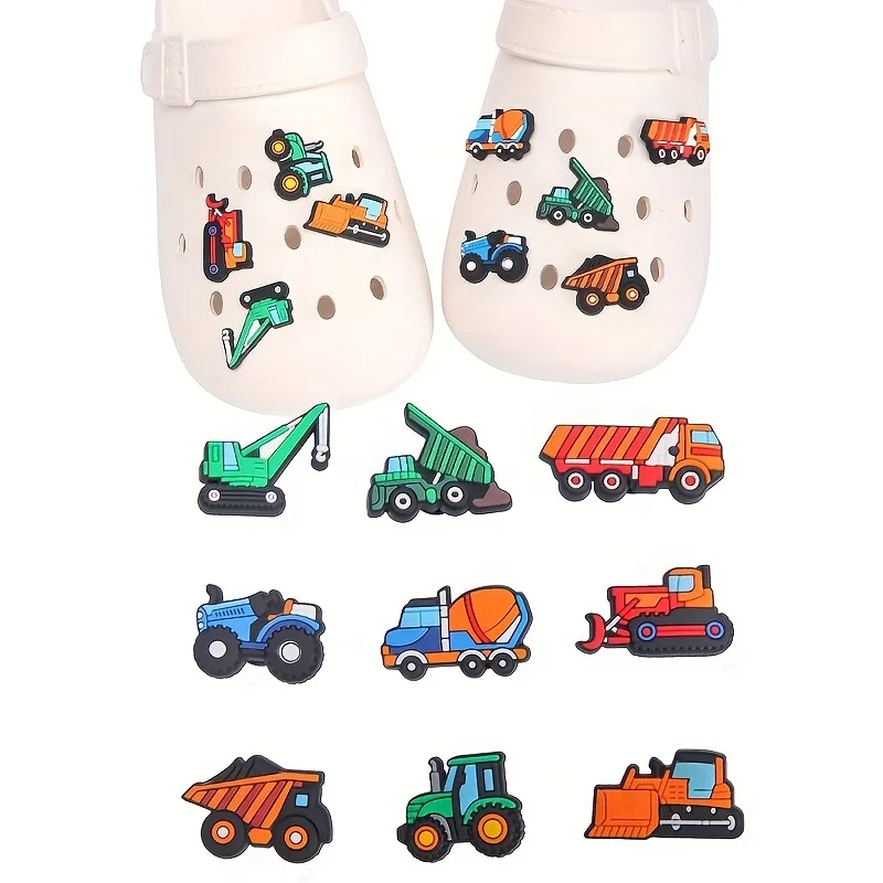9PCS of excavator, bulldozer, truck helmet shoe charms for clogs and sandals decoration, construction shoe decorative pendants