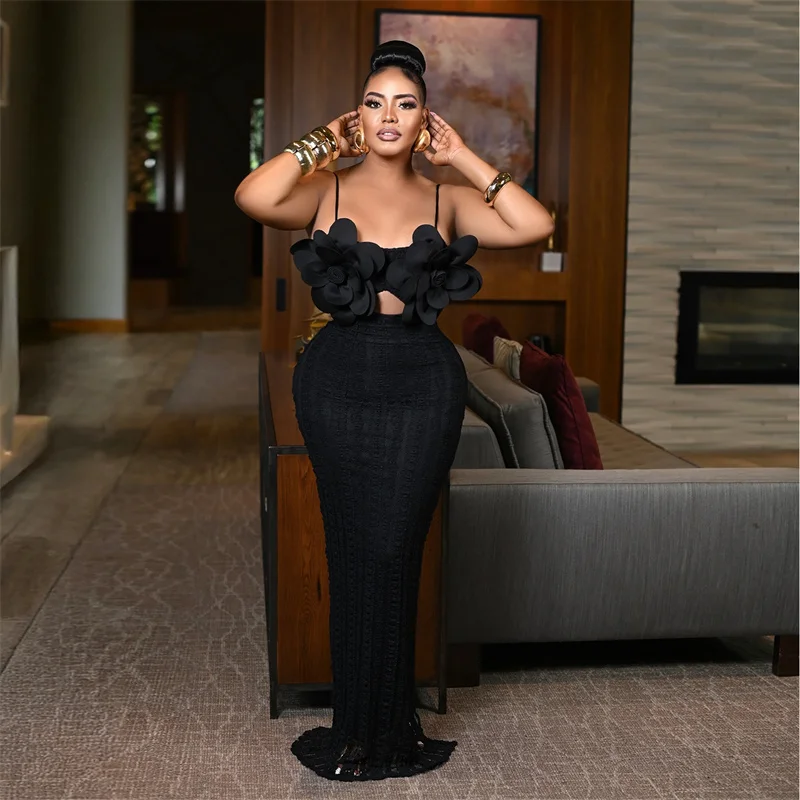 Vrouwen Zomer 2025, Strapless Bodycon Sexy Lange Feestjurken 3D Grote Bloem Slanke Uitgesneden Nachtclub Jurk Jurk Zwart Wit Dames