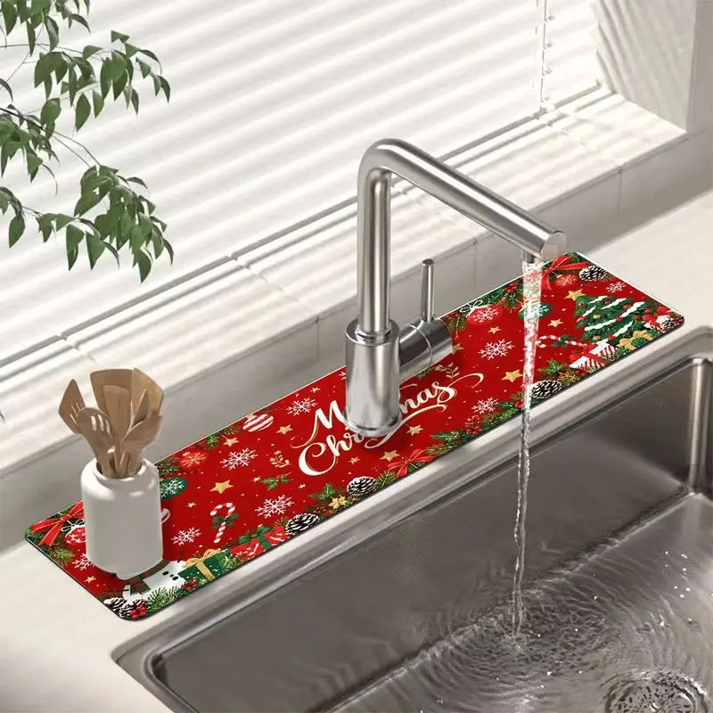 VIKAMA Waterproof Kitchen Sink Mat Absorbent Quick Dry Christmas Snowflake Candy Cane Faucet Countertop Pad Holiday Home Decor