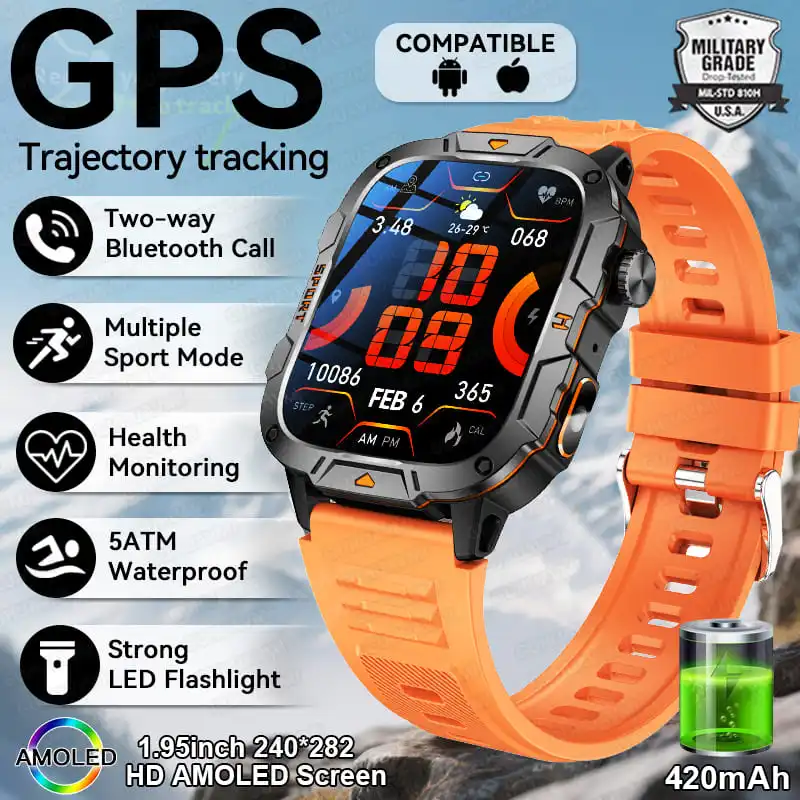 

Военные мужские умные часы с GPS, Bluetooth-вызовом, фитнес-часы, монитор сердца, 5 атм, водонепроницаемые спортивные умные часы для плавания для Xiaomi 2025