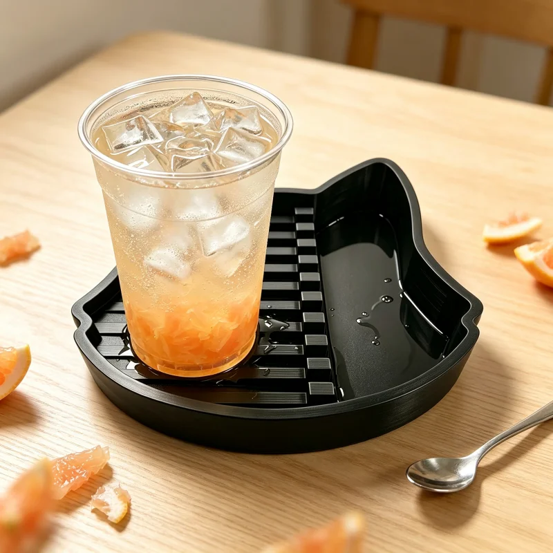 Black Cat-Shaped Water-Draining Cup Tray, Cute Cat Drink Coaster, Multifunctional Condensation Water Collection Tray, Suitable for Iced Coffee, Office and Coffee Corner Desktop Decoration