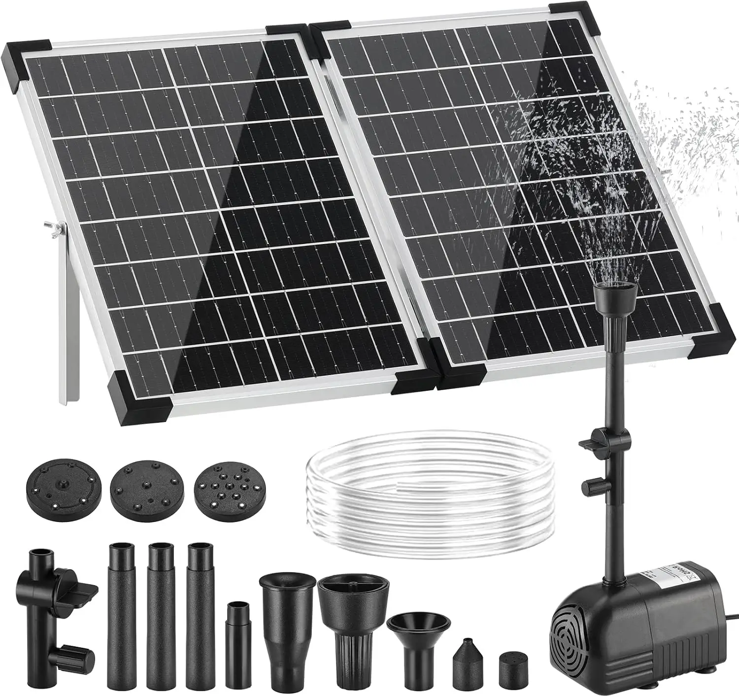 Fuente Solar de 20W/25W/35W para Estanque de Jardín Exterior, Bomba para Estanque con 8 Boquillas y 2 Filtros, Panel 100% de Vidrio y Motor sin Escobillas
