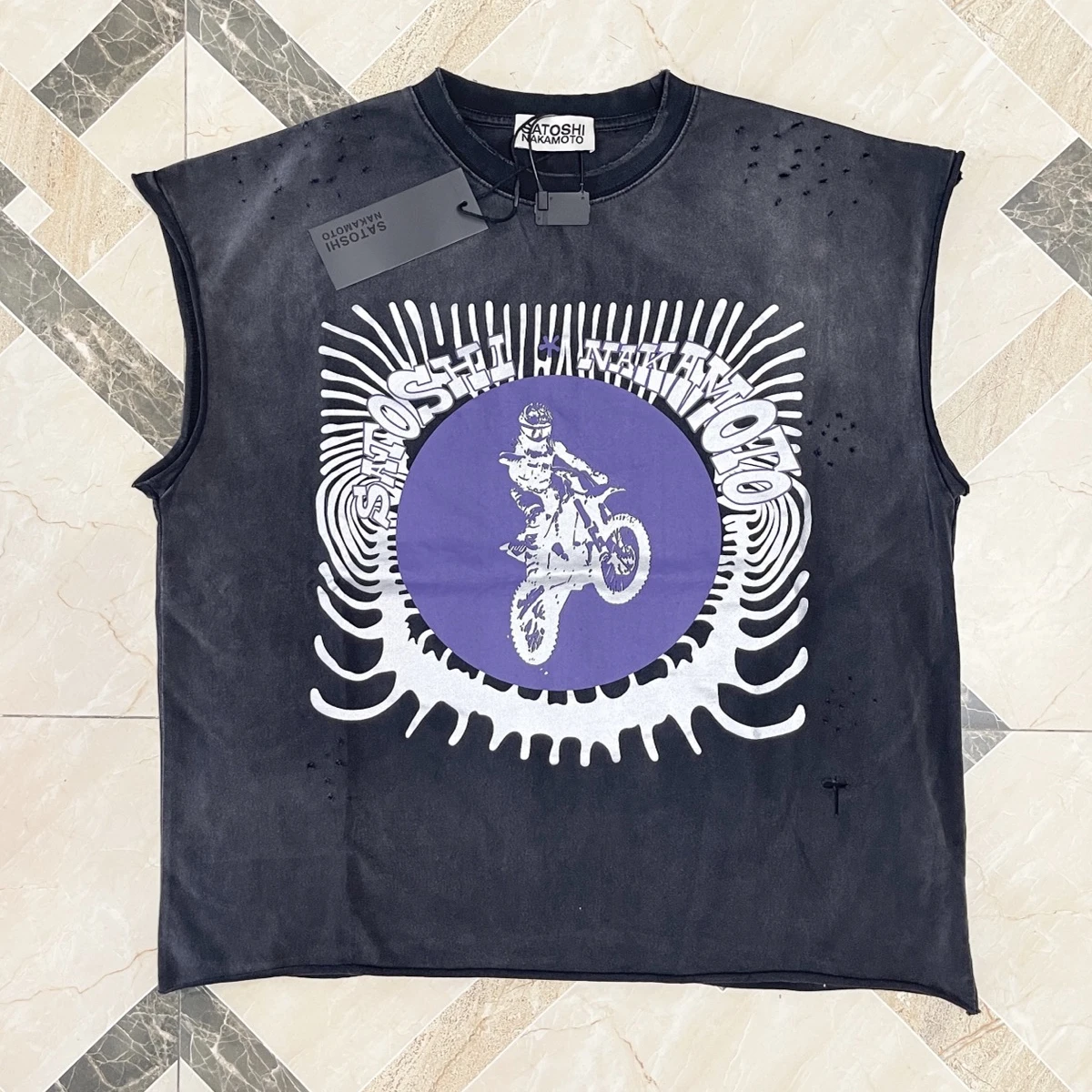 Washed Hole SATOSHI NAKAMOTO Off Road Motorcycle Rider Sleeveless Vest T Shirt Men Women Best Quality Tee Tops T-Shirt