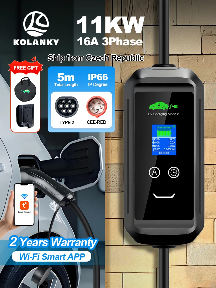 Kolanky Tragbares EV-Ladegerät, 16 A, 11 kW, Typ 2, Timer, WLAN, Tuya-App-Steuerung, Heimaufladung, Wallbox, Elektrofahrzeug, Hybrid-Autos, 5 m