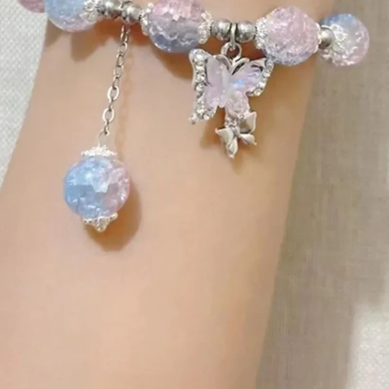1pc  Elastic Crystal Butterfly Pendant Bracelet Colorful Glass Beads Bracelet For Women Girls Fashion Jewelry Gifts