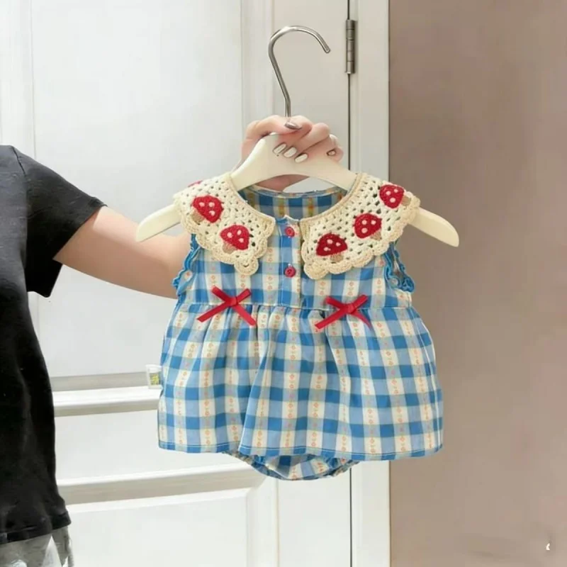 

2026 3M-2T Baby Bodysuits Summer Thin Cute Girl clothing infants Outfit jumpsuit Sleeveless Checkered rompers