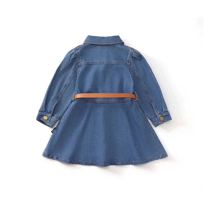 

Korean Style Denim Dress2025Spring New Girls' Long Sleeve Dress Children's Washable Soft with Belt