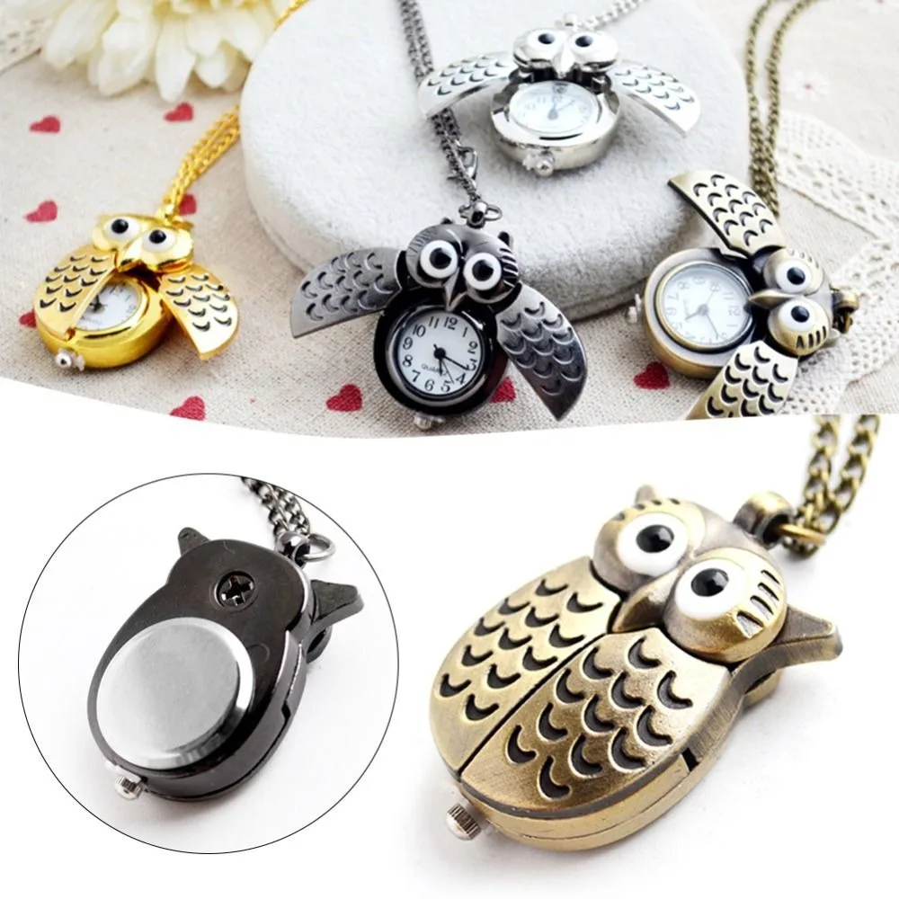 New Flip Style Necklace Hanging Watch Small Cute Owl Keychain Pocket Watch on Chain Cartoon 's Watches Daily Wear
