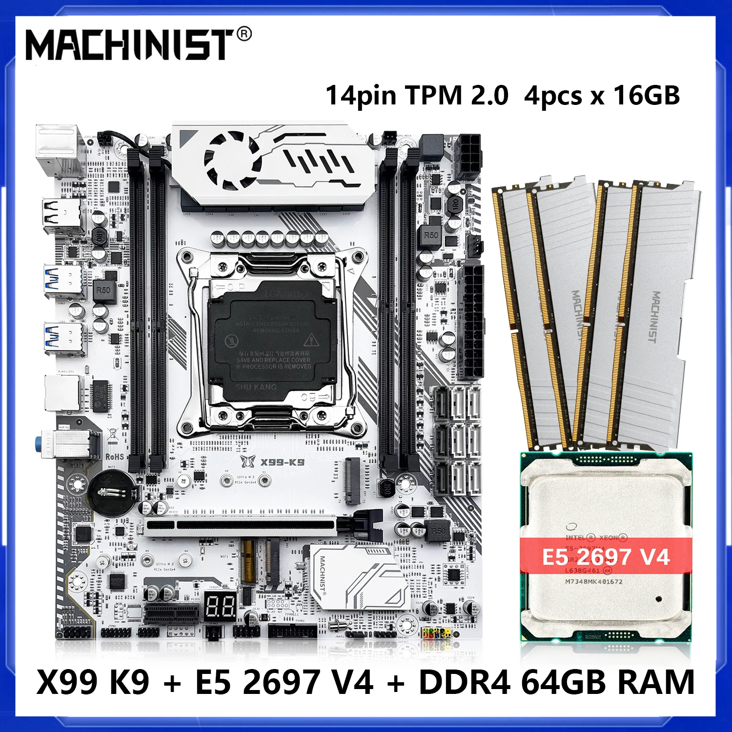 

MACHINIST X99 K9 Комбинированная материнская плата LGA 2011-3 Xeon E5 2697V4 Комплект ЦП DDR4 64 ГБ ОЗУ 2400 МГц Память NVME M.2 USB 3.0 Четырехканальный