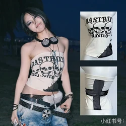 Sleeveless Shirt for Woman Summer 2024 Y2k Heart Pink Tops Sexy Design Slim Spice Girls American Retro Skull Cross Strapless Top