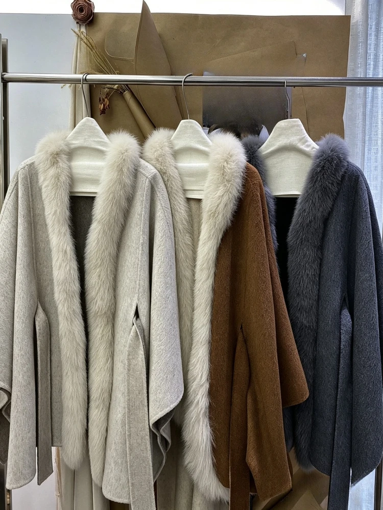 OFTBUY Damenmantel aus 100 % lockerer Wolle, Poncho-Cape-Jacke mit Gürtel und echtem Fuchspelzkragen, warme, elegante Winteroberbekleidung – Detail 7