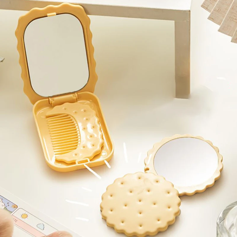 Miroir de Maquillage Créatif en Forme de Biscuit avec Peigne, Petit, Portable, de Poche, de Voyage, Carré, pour l'Extérieur, pour Femme et Fille