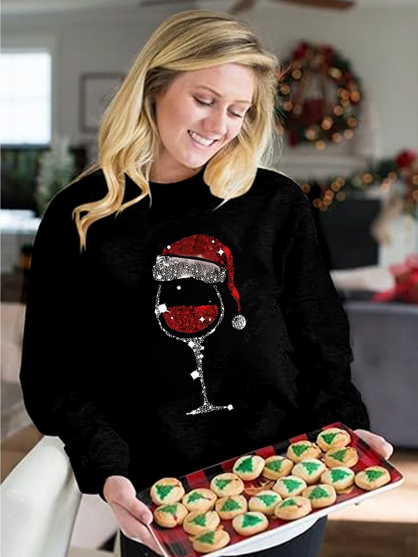 Hot Christmas Wine Glasses Pattern Printed Hoodless Fashion Red Black Green Sweatshirt, Women's Hundred Tops Pullover