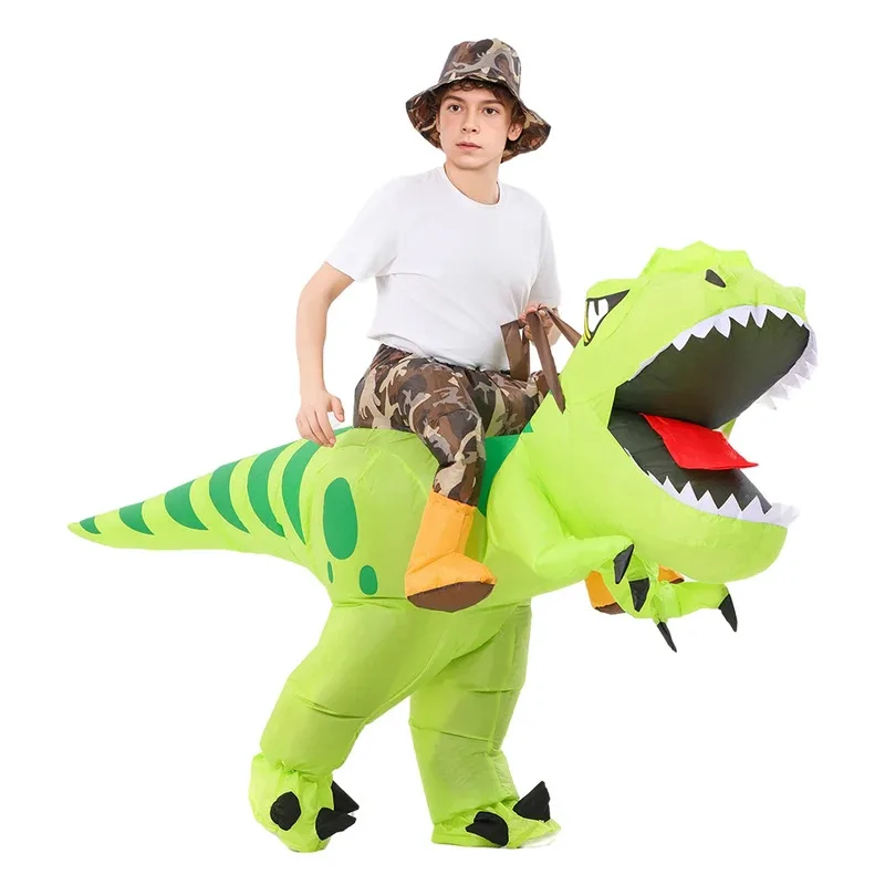 Funny Adults Kids Inflatable Riding Green Dinosaur Cosplay Fancy-dress Halloween Holiday Theme Party Costumes