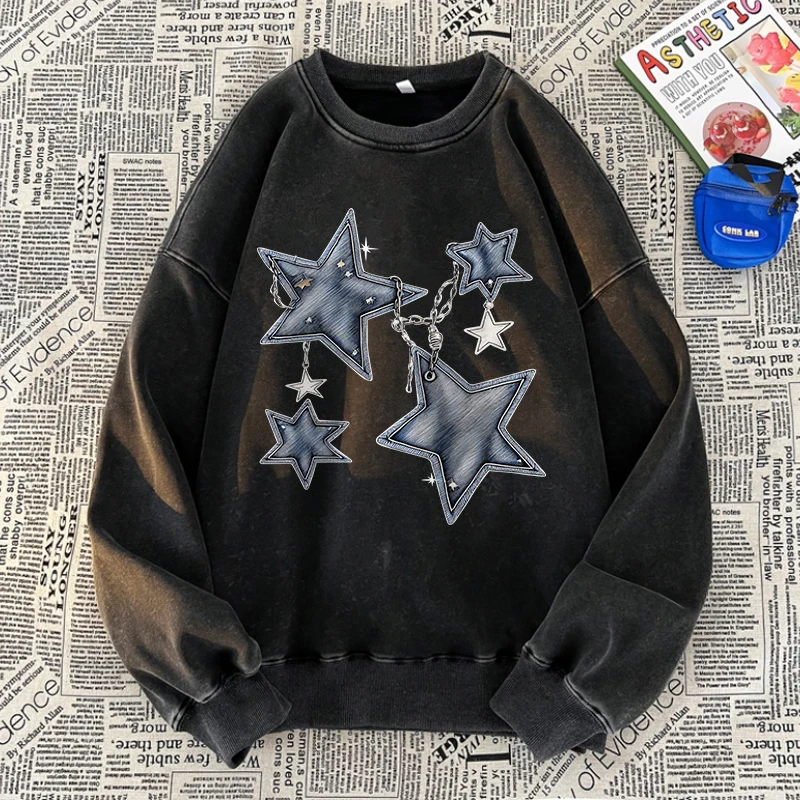 Star And Chain Washed Sweatshirts Women Simple Pentagram Prints Hoodies Oversized Crewneck Cotton Tops Vintage Woman Pullover