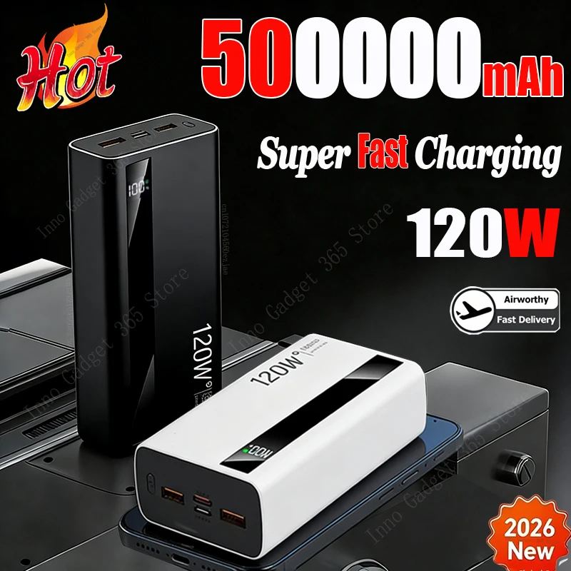 

Портативный внешний аккумулятор PowerBank 500000 мАч с высокой емкостью и сверхбыстрой зарядкой 120 Вт для iPhone и Huawei