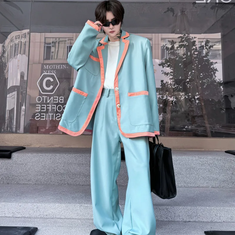 LUZHEN Patchwork Color Contrast Design Korean Trendy Suit Jackets Two-piece Sets Elegant Trendy Handsome Straight Pants LZ3563