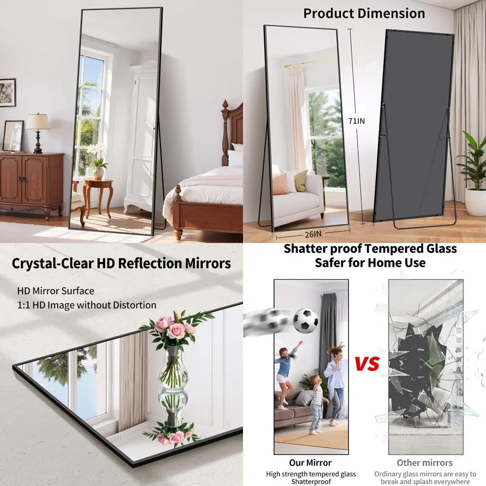 알루미늄 프레임이 있는 전신 검정색 바닥 거울, 71x26 HD 강화유리, 스탠딩/벽걸이형, 가정 및 복도 장식용 거울