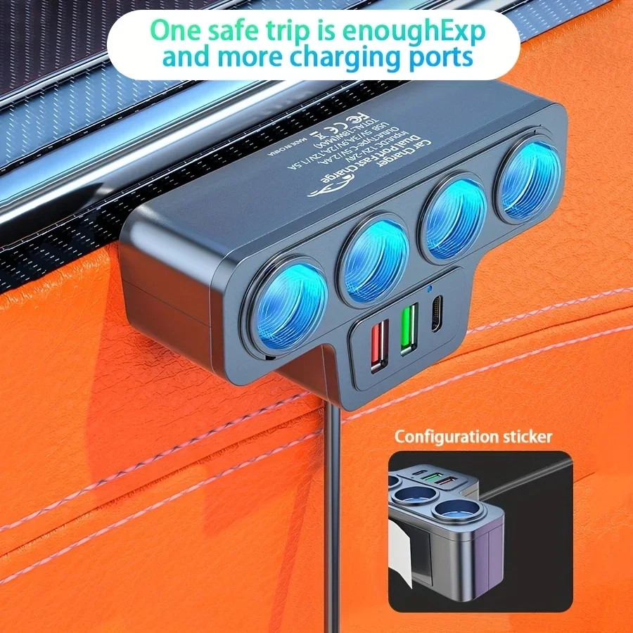 Multi-port QC3.0 PD Car Charger Adapter 4 Expansion Ports 12-24V Car Plug Smart Shunt for Fast Charging