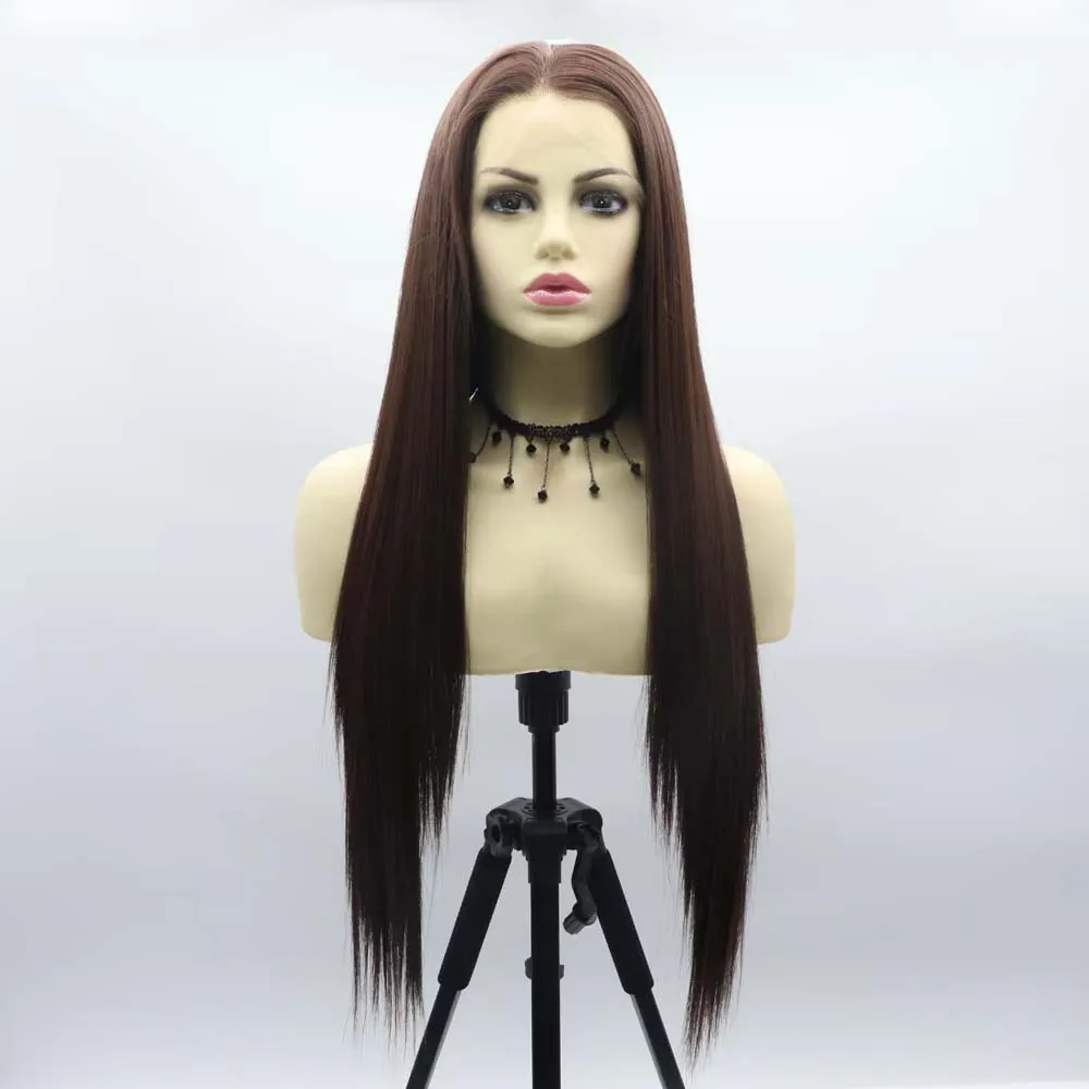 

Длинные прямые темно-коричневые синтетические парики с кружевной передней частью без клея для женщин, термостойкие, из синтетического волокна