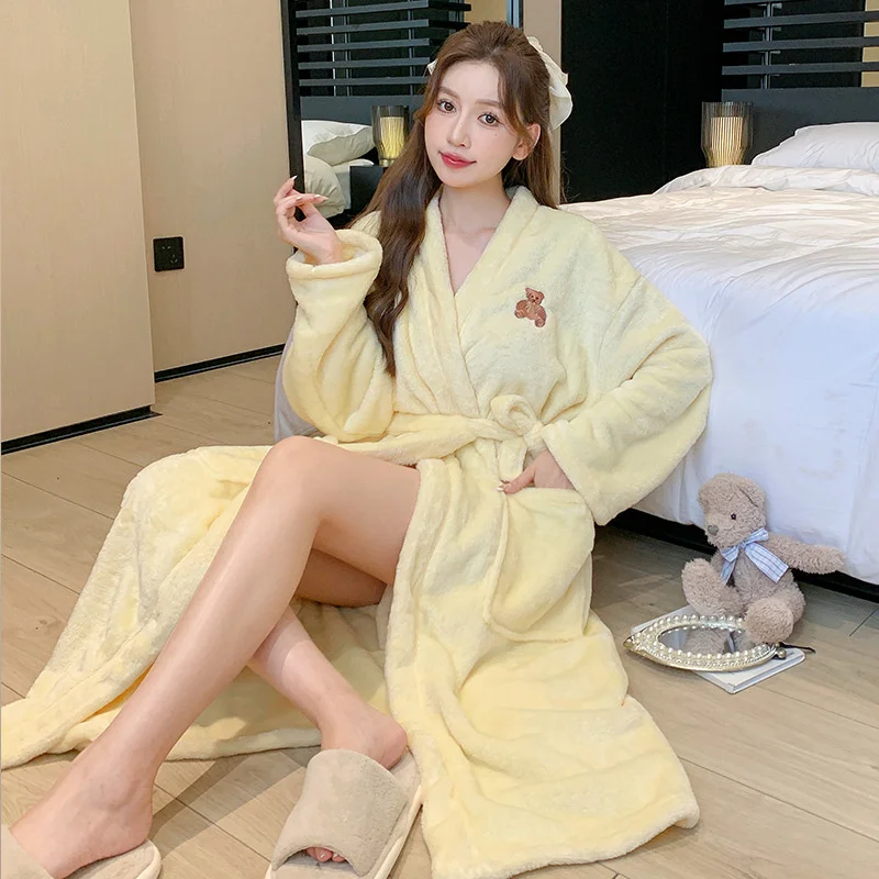 2023 New Warm Nightgown Women Autumn Winter Sweet Sexy Coral Fleece Thickened Long Pajamas Bathrobe Home Wear