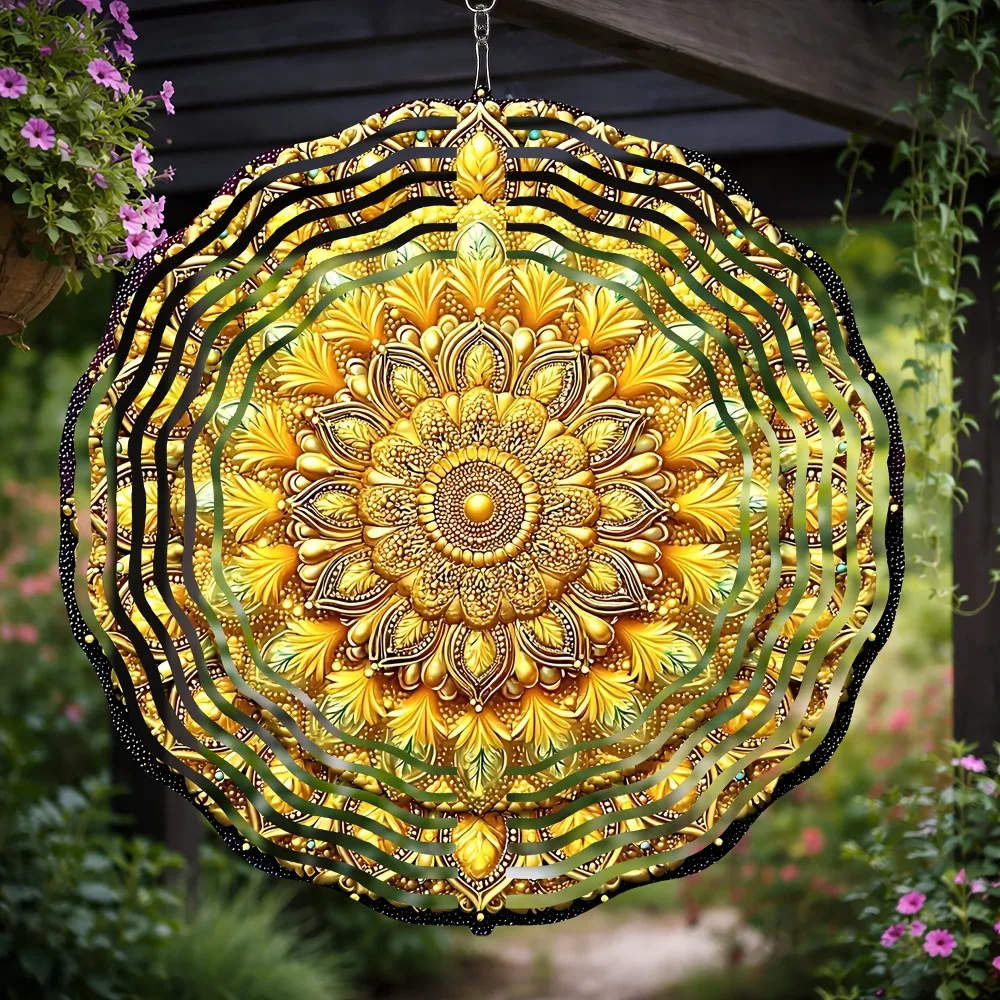 Carillon éolien mandala doré 3D - Cadeau spirituel complexe pour la méditation, le yoga, la pleine conscience, la décoration extérieure du jardin, du patio, du balcon, du feng shui