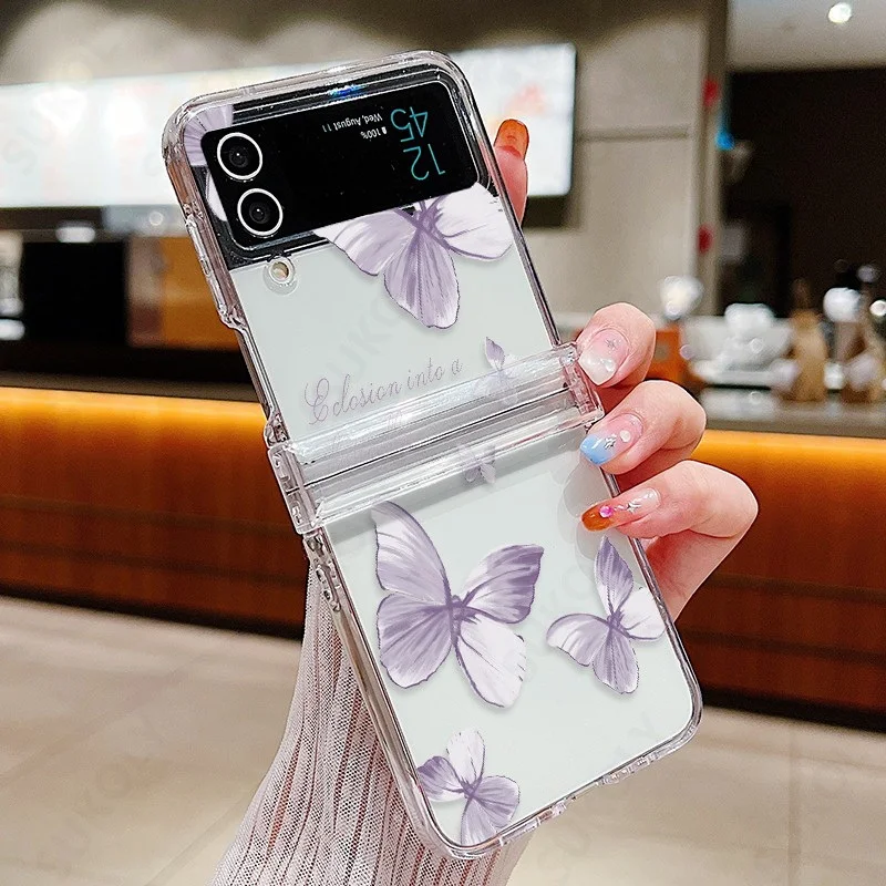 For Samsung Galaxy Z Flip7 FE Flip6 Butterfly Pattern Clear Folding Phone Case Transparent PC Cover For Samsung Z Flip 7 6 5 4 3
