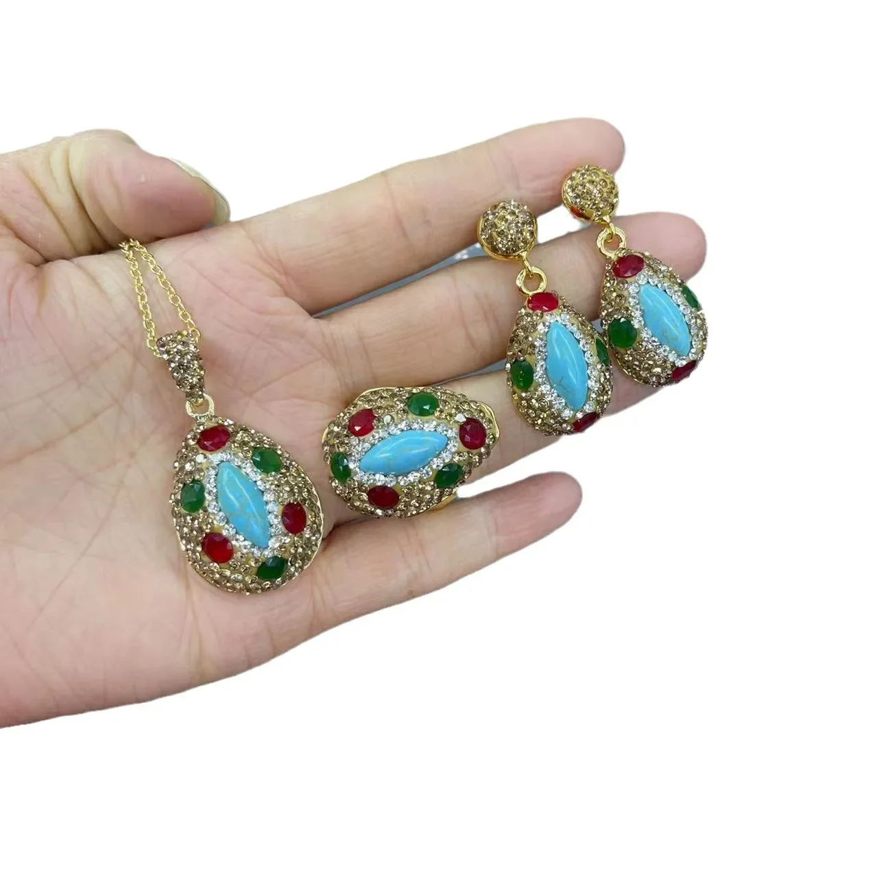 Horse eye turquoise inlaid ruby three-piece set personalized exaggerated design European and American jewelry fac