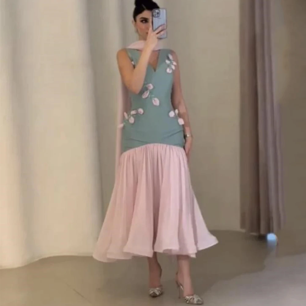 현대 두 가지 색상 이브닝 드레스 v 넥 민소매 차 길이 구슬과 3D 꽃 웨딩 파티 여성 맞춤 가운