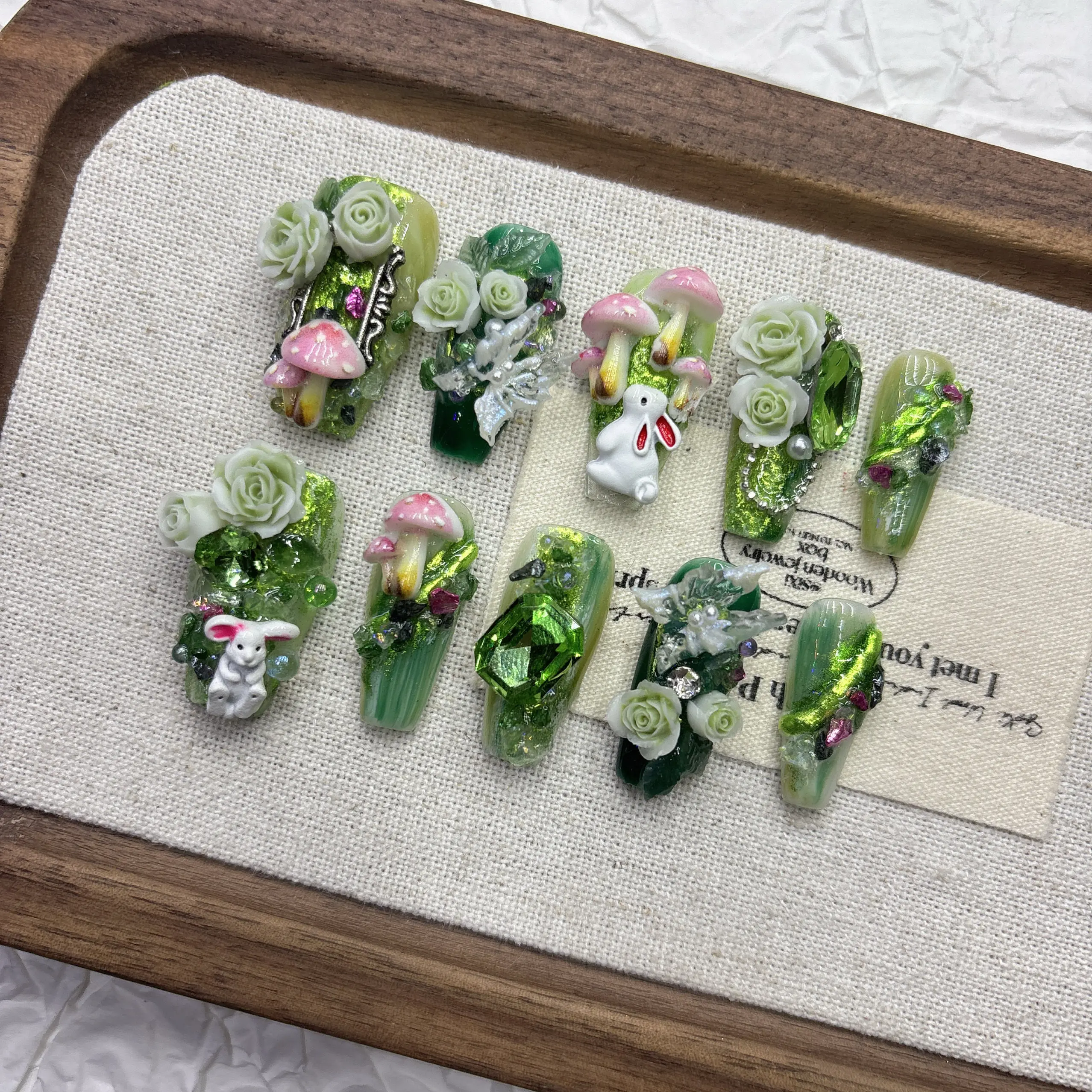 Wizard of Oz Press On Nails Long Stiletto 3D White Rose Pink Mushroom Rabbit Charms Green Pearl Nail Art Set - view 5