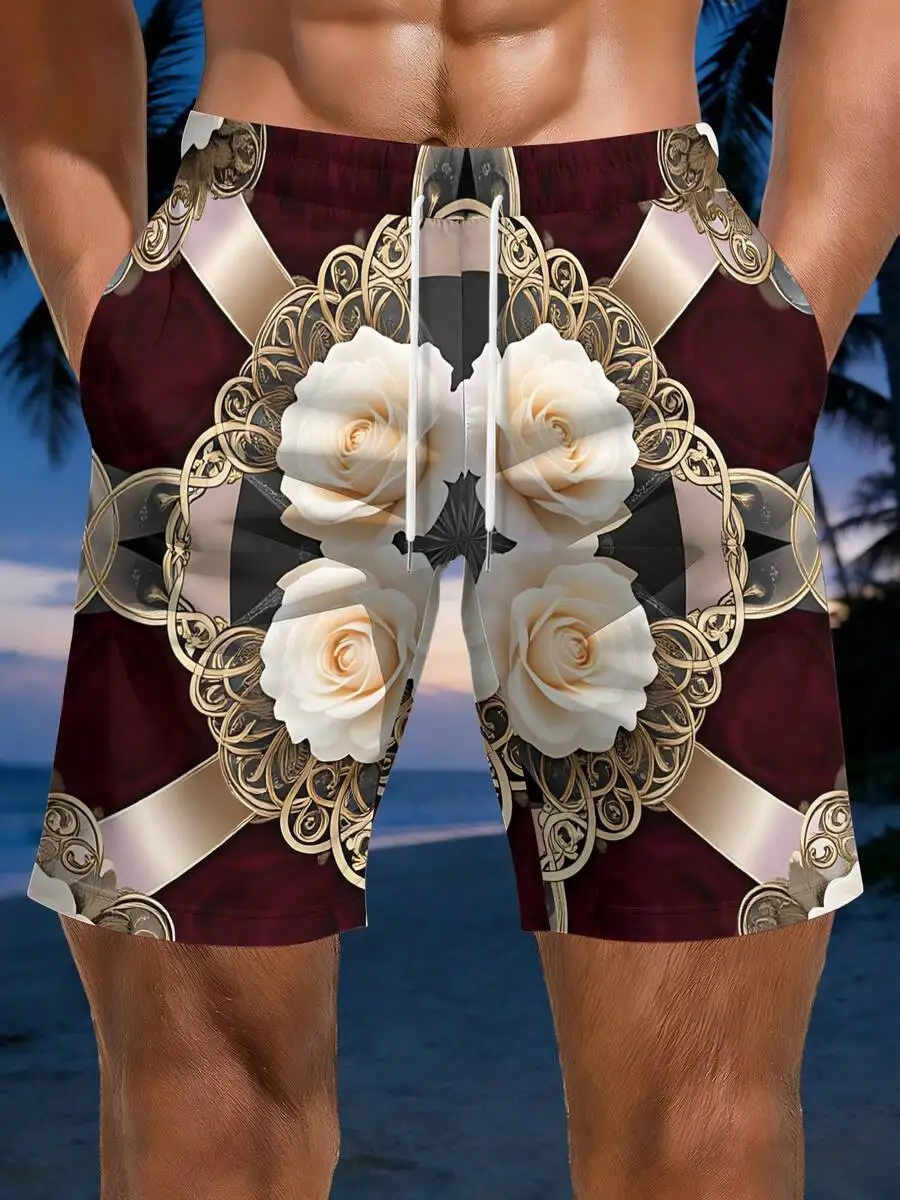

Mens Floral Print Beach Shorts With Ornate Rose Design For Summer Wear