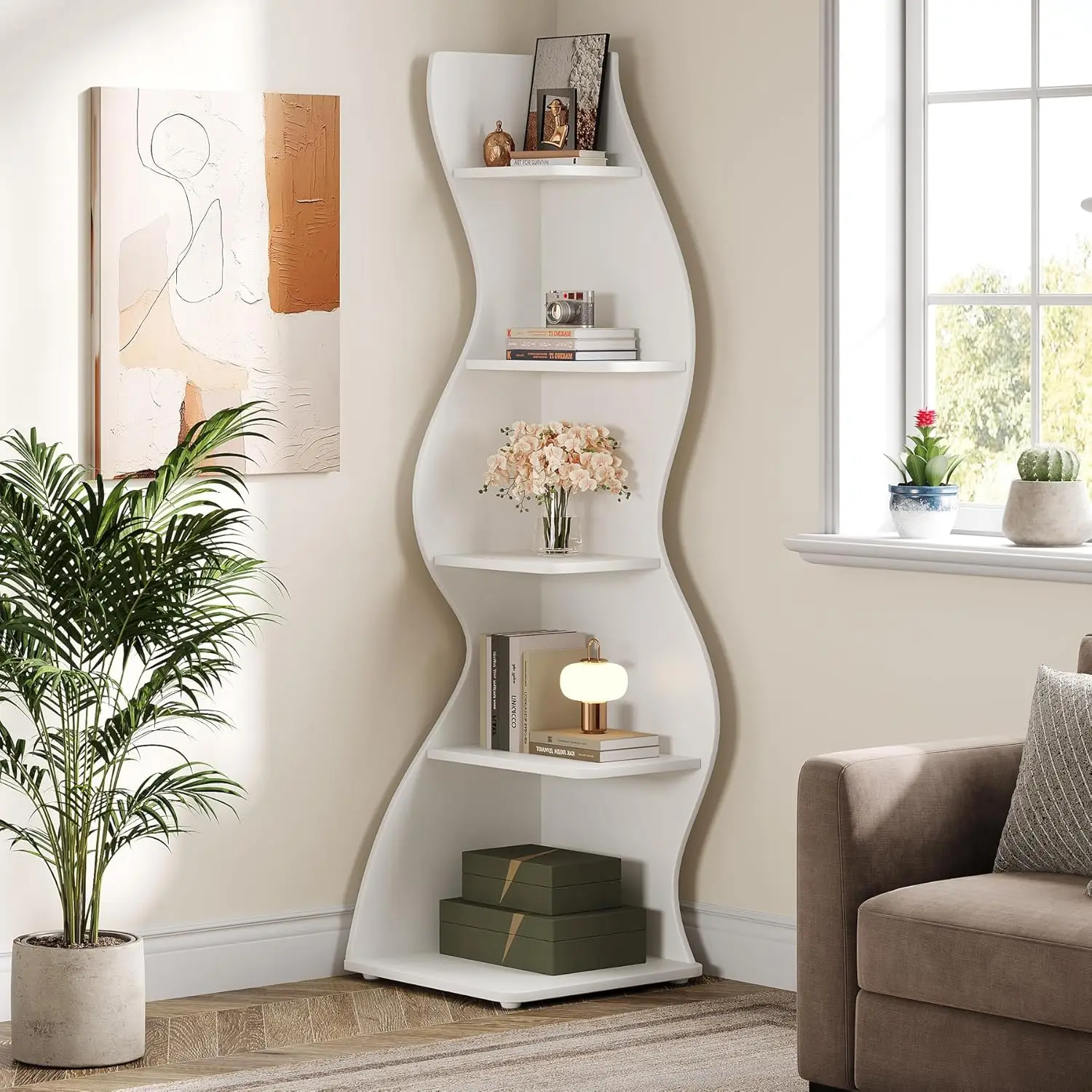 

Modern 5-Tier Curvy Corner Shelf Display Rack for Living Room Small Space, Custom