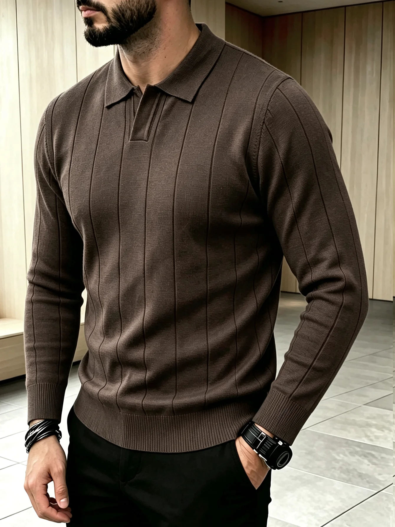 Men Vertical Striped Knit Polo Shirt Long Sleeve Lapel Collar Slim Fit Business Casual Autumn Winter Pullover Tops