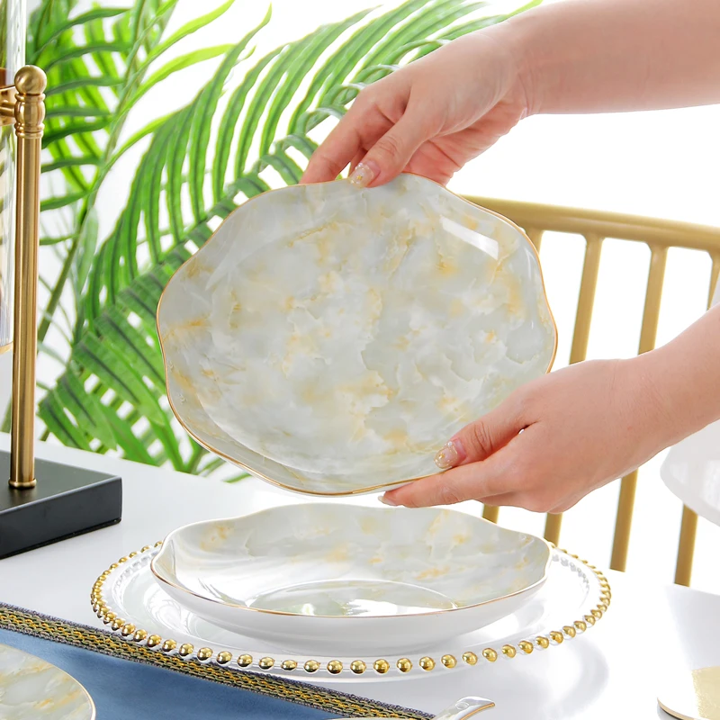 

Luxury Golden Edged Ceramics Dining Plate 8/10 Inch Dinnerware Elegant Deep Serving Platter for Fish & Fruit Premium Soup Plate