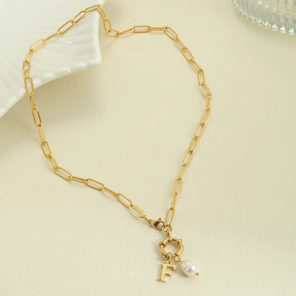 2PCS Women Stainless Steel Golden Choker Necklace Snap Hook Pearl Pendant with Initial Letter Pendants Women\'s Jewelry Gift 2025