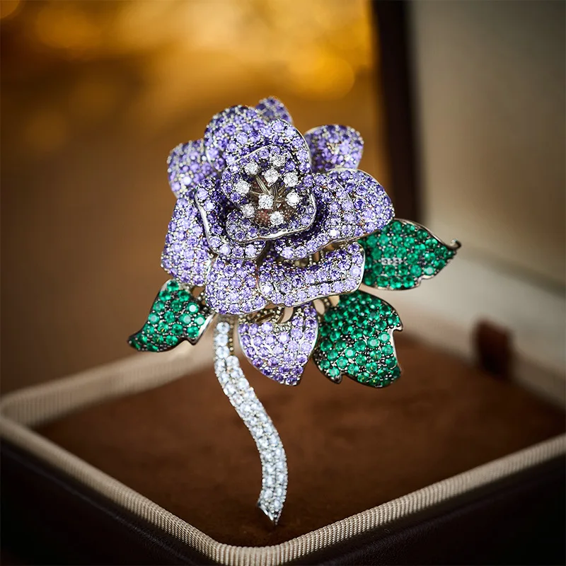 High-end Light Luxury Heavy Craft Purple Rose Brooch Elegant and Grand Sense of Sophistication Pin Suit Evening Accessories Cors