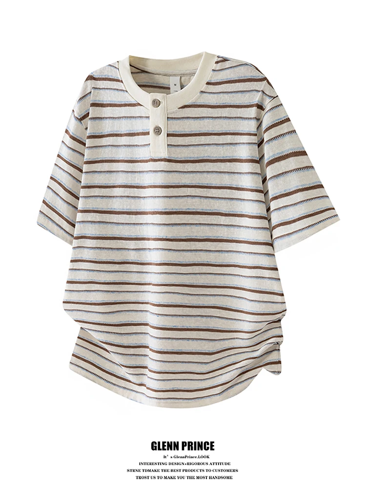 

GPstudio American Casual Cotton Linen Stripe Short Sleeve T-shirt Men Summer Thin Breathable Body Shirt Loose Fit Youth Popular