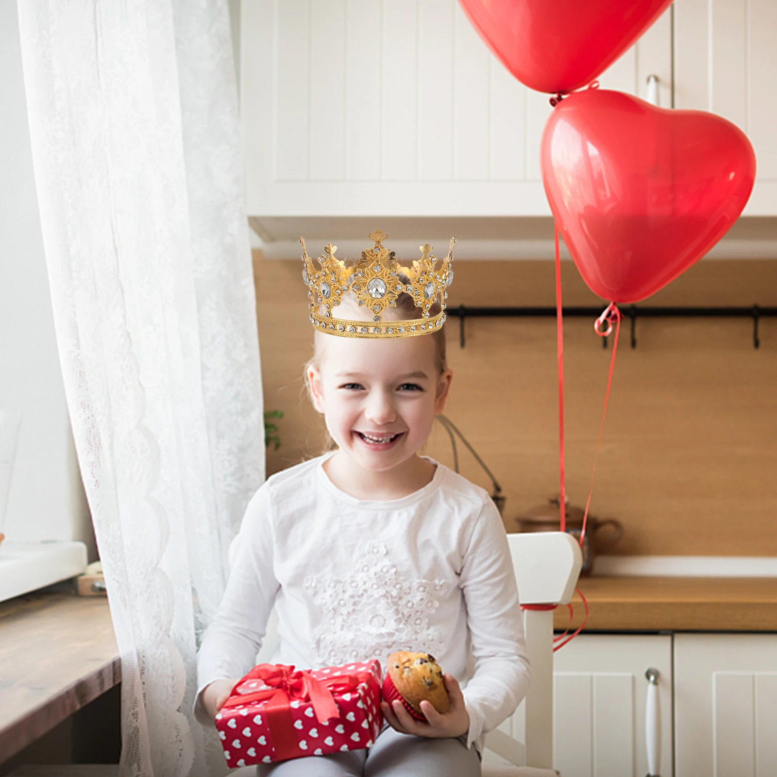 

Golden Kids Crown Headdress Children Birthday Party Decoration Round Shape Rhinestones Crown Baking Dessert Table Accessory