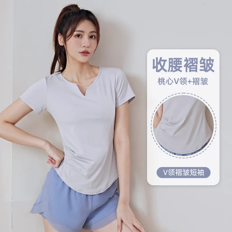 

Summer V-neck yoga sports elastic fitness sheer short-sleeved solid color slimming shaping pleated T-shirt for women