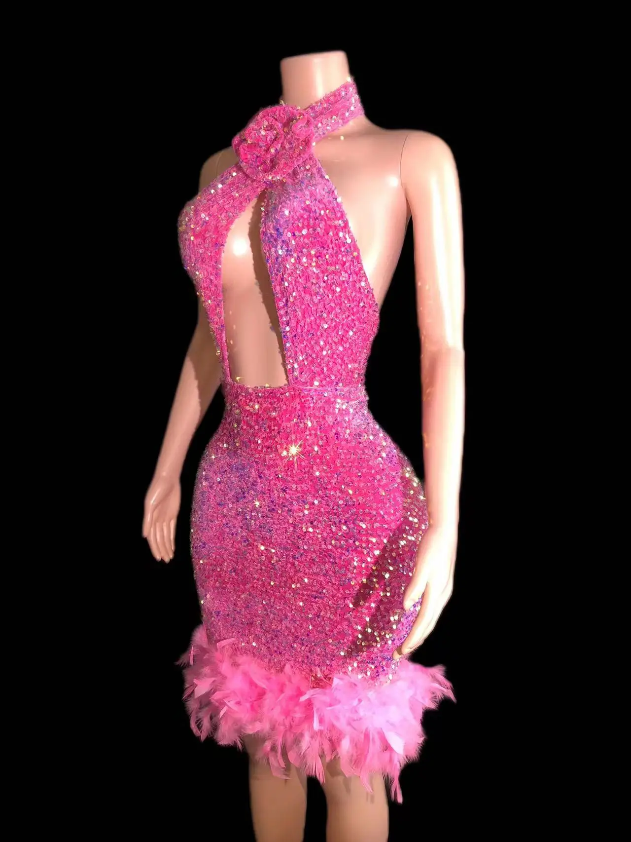 Women Sexy Stage Sequins Evening Prom Celebrate Birthday Dress Sexy Backless Bodycon Short Feathers Dress Performance Stage Wear