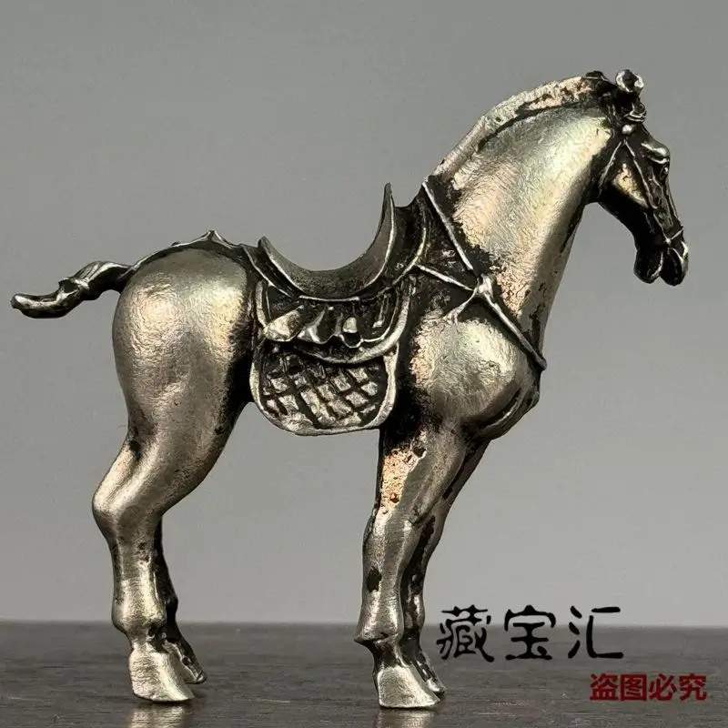 Retro Solid Pure Copper Silver Plated Tang Dynasty Zhenguan Tang Horse Ornament 12 Zodiac Steed Collectible Decoration